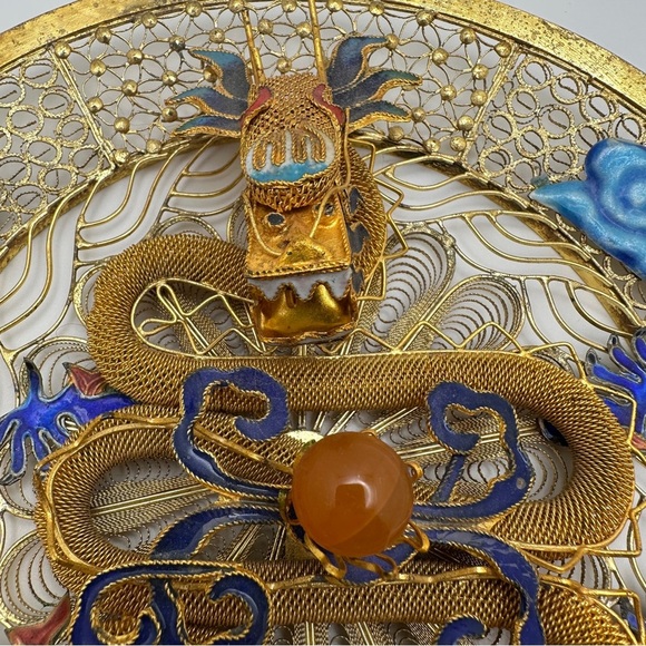 Golden Blue Dragon Wall Piece Chinese cloisonne copper filligre intricate design - Picture 2 of 15
